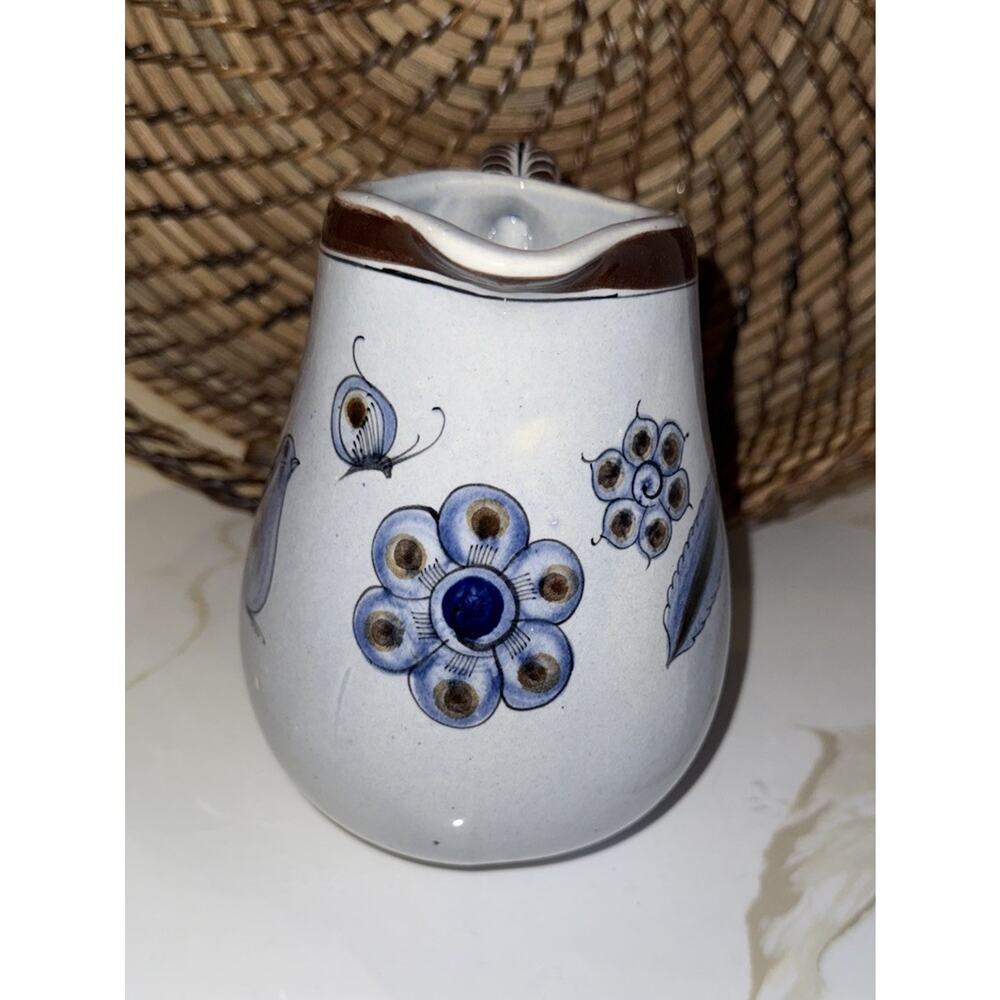 Vintage Mexican Tonala Pottery Water Pitcher Hand Painted Birds Signed 6 "